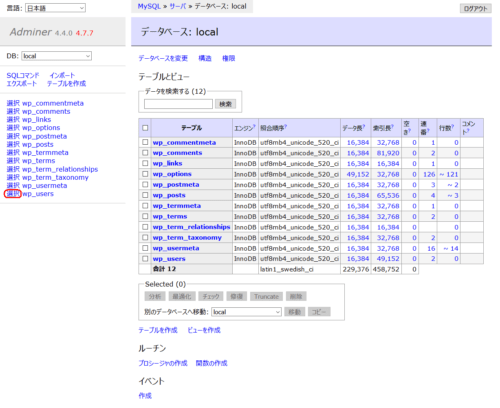 データベース　画面表示 wp-user　選択