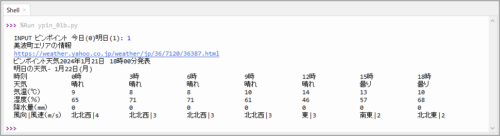 ピンポイント天気　実行結果